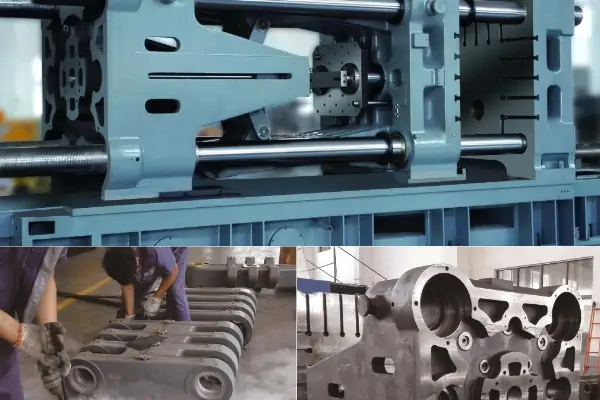 عکس دستگاه دایکاست افقی به همراه دو نمونه قطعه تولید شده