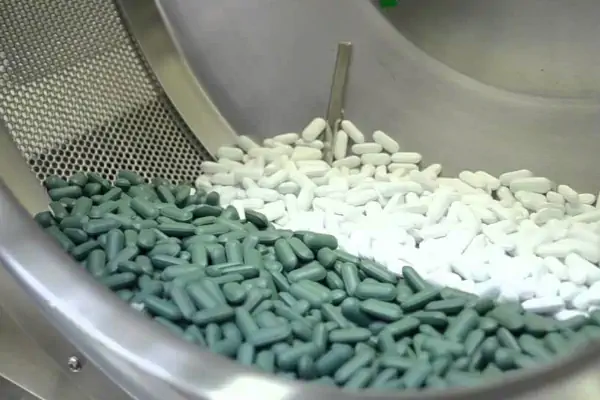 عکس قرص های سبز و سفید در  دستگاه کوتینگ قرص