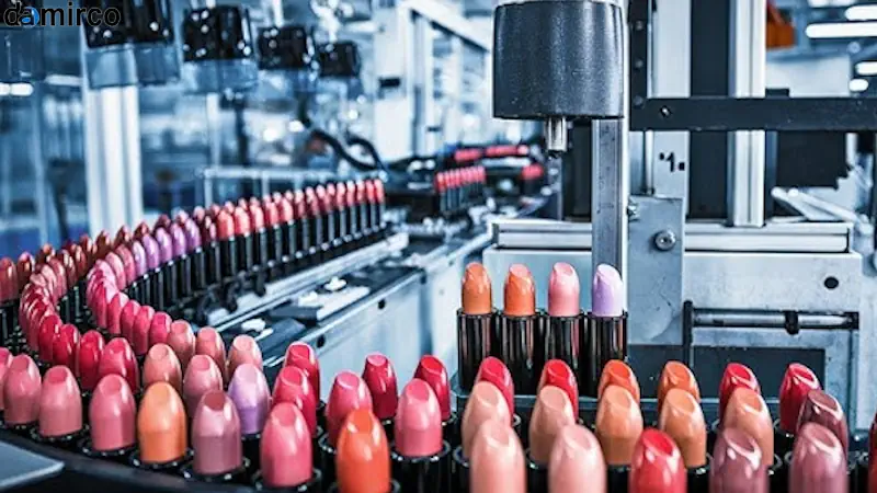 خط تولید تمام اتوماتیک رژ لب در حال کار، با نشانگرهای کنترل کیفیت و اپراتورهای متخصص