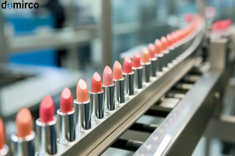 خط تولید رژ لب، شامل دستگاه ذوب مواد اولیه، آسیاب سه رولی، دستگاه پرکن رژ لب و میز مونتاژ و بسته‌بندی نهایی