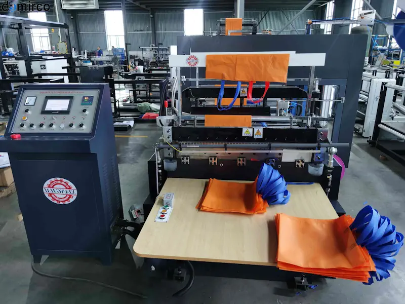 نمایی از خط تولید گونی پلی‌پروپیلن با تاکید بر ماشین‌آلات صنعتی مدرن و مصرف بهینه انرژی.