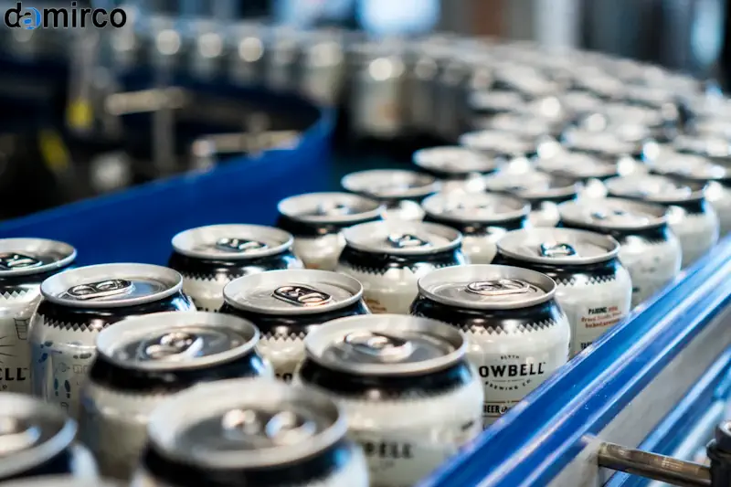 مجموعه‌ای از ماشین‌آلات خط تولید قوطی فلزی شامل پرس، کرلر، درب‌زن و دستگاه تست نشتی در یک کارخانه مدرن.