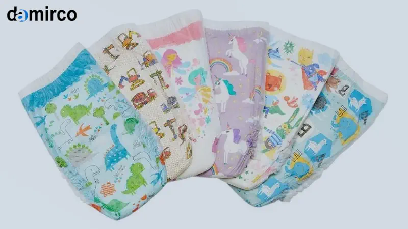 ماشین‌آلات پیشرفته خط تولید صنعتی پوشک بچه در حال کار.