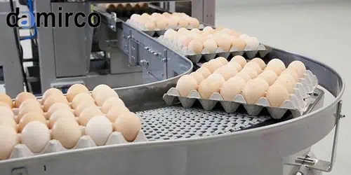 شانه تخم مرغ مقوایی روی هم چیده شده در یک انبار، آماده برای صادرات. محیط صنعتی، نور طبیعی، و تمرکز بر بسته‌بندی‌های یکنواخت و آماده ارسال.