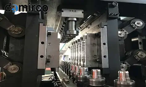 دستگاه بادکن پت اتوماتیک در حال تولید بطری‌های شفاف پلاستیکی در یک خط تولید صنعتی