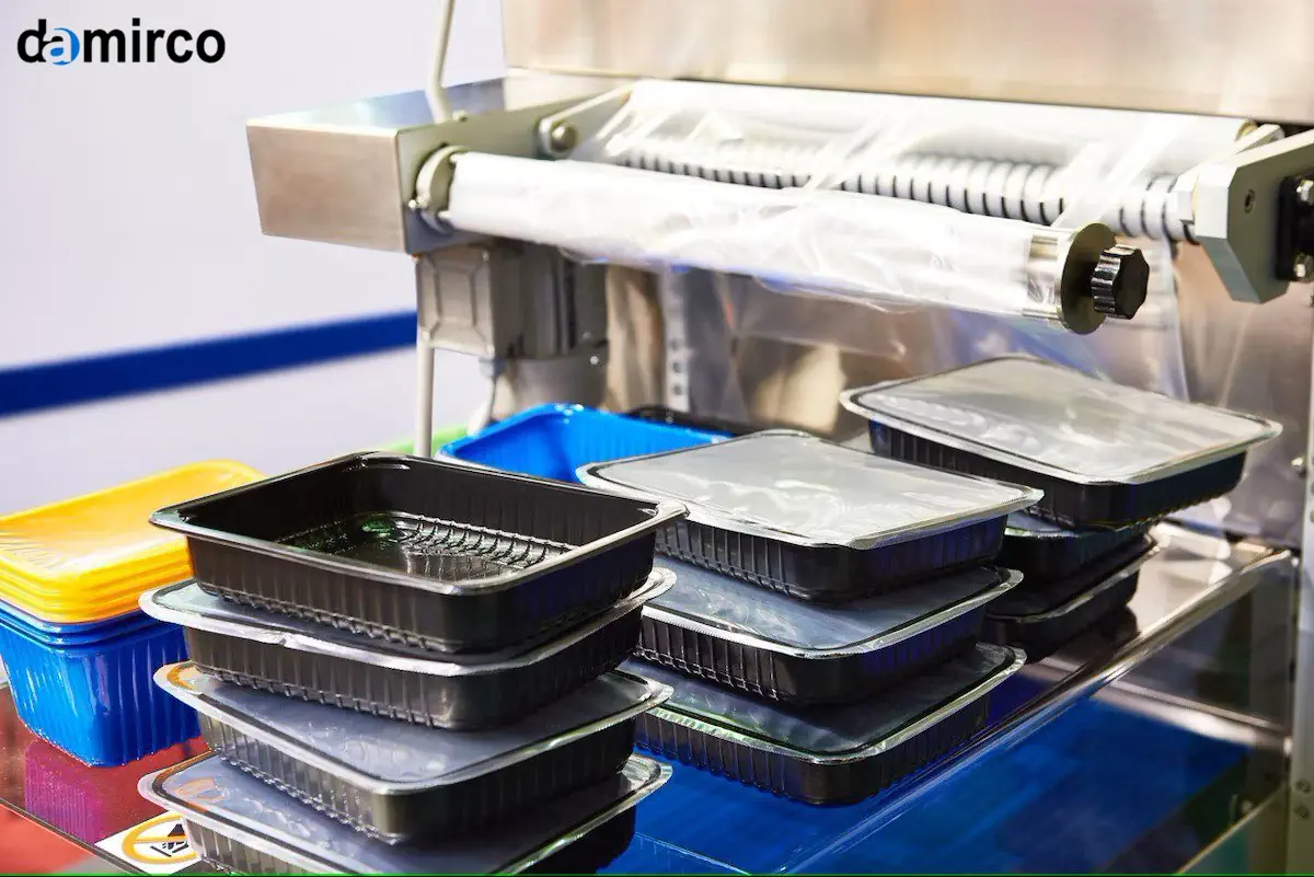 نمایی از یک دستگاه ترموفرمینگ ظروف یکبار مصرف در حال تولید لیوان‌های پلاستیکی