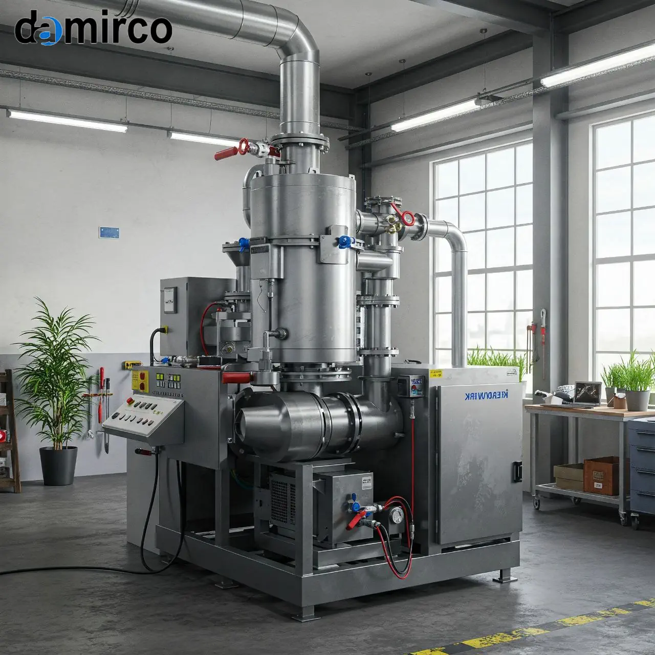 تصویر یک دستگاه پیرولیز صنعتی در حال کار برای بازیافت تایر