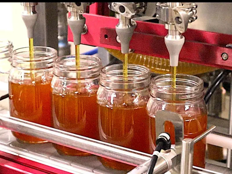 عکس دستگاه پرکن عسل در حال پر کردن عسل در شیشه