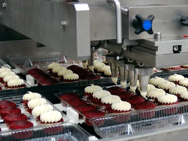 عکس نازل پر کن کیک در خط تولید کیک و آماده شدن کیک برای مراحل بعدی