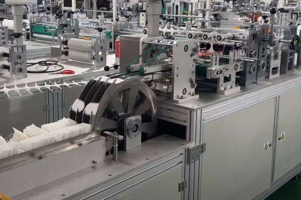 عکس دستگاه تولید پد آرایشی اتوماتیک همراه با پد آرایشی سفید رنگ