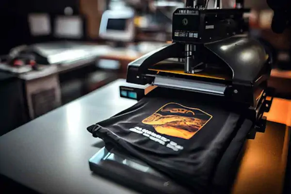 عکس تیشرت مارک دار سیاه در دستگاه پرس حرارتی