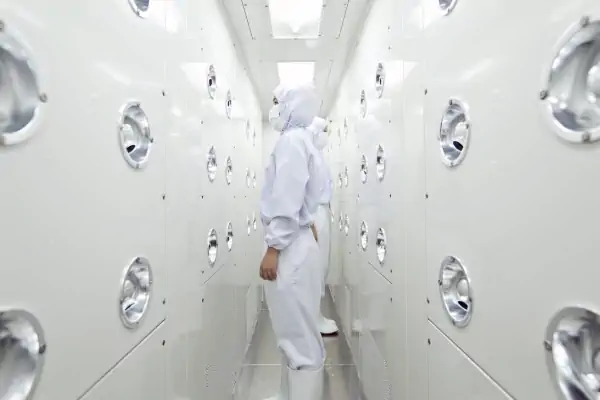 عکس یک مرد با لباس و کلاه سفید و ماسک که در وسط دستگاه دوش هوا استاده است.