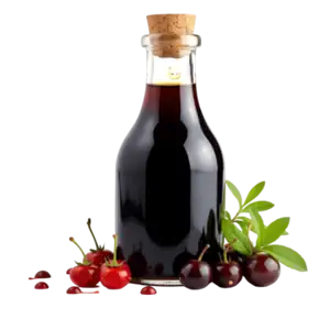 بطری اسانس آلبالو صنعتی با میوه‌های تازه آلبالو