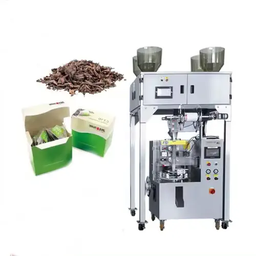 عکس دستگاه بسته بندی چای کیسه ای به همراه چای بسته بندی شده و چای خشک