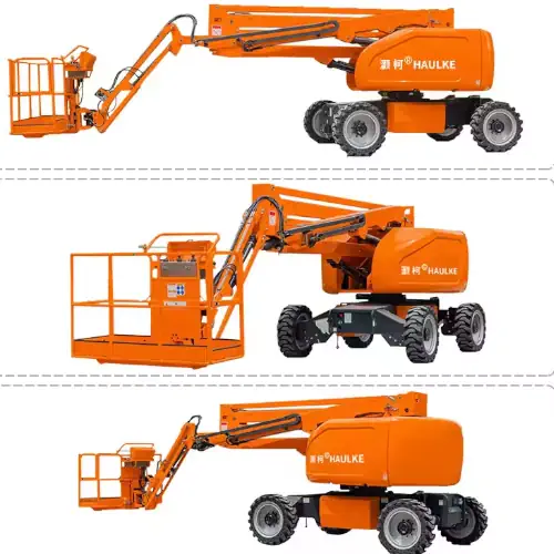 عکس بالابر تلسکوپی خودکششی دیزل هیدرکلیک به رنگ نارنجی همراه بیل و اتاقک حمل در نماهای مختلف