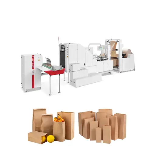 عکس کیسه خرید قهوه ای کاغذی حاوی میوه که از آن یکی دو سیب و پرتقال بیرون زده همراه با دستگاه تولید اتوماتیک کیسه خرید کاغذی