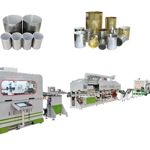 عکس خط تولید تمام اتوماتیک قوطی اسپری و غذای فلزی همراه با انواع قوطی فلزی بزرگ و کوچک در دو طرف سمت تصویر بالا