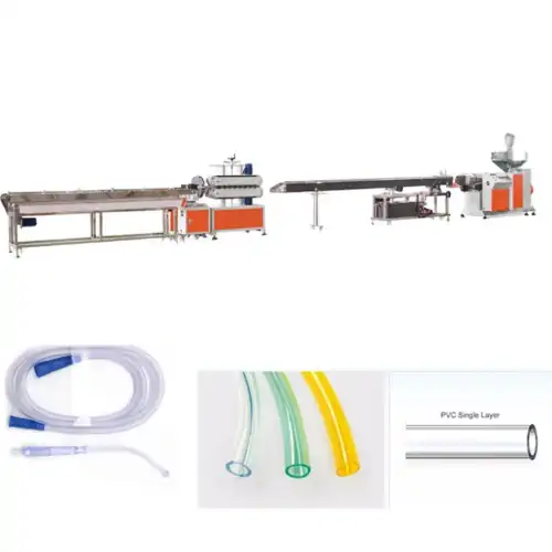 عکس انواع لوله پزشکی آبی و سبز و زرد در کنار خط تولید لوله نرم پزشکی