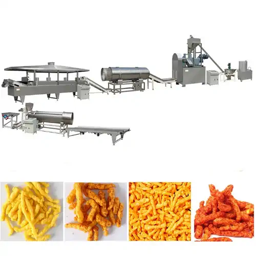 عکس انواع پفک و کرانچی در کنار خط اکسترود پفک ذرت