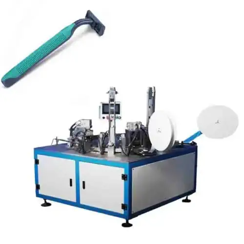 عکس تیغ یک بار مصرف سبز در بالا سمت چپ همراه با دستگاه تولید کننده آن