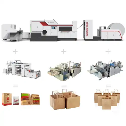 عکس انواع کیسه کاغذی خرید در کنار خط تولید کیسه خرید کاغذی کف صاف به صورت یک جا و بخش بخش