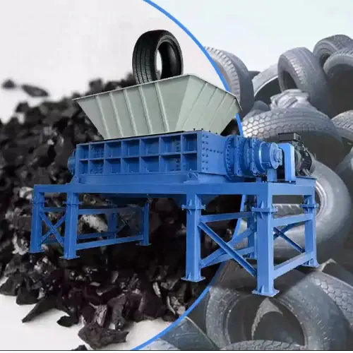 عکس تعداد زیادی لاستیک سالم در کنار دستگاه شریدر خوردکن لاستیک