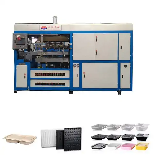 عکس انواع ظرف یک بار مصرف ساده و برجسته سیاه و سفید رنگ در کنار دستگاه ترموفورمینگ ظرف یک بار مصرف