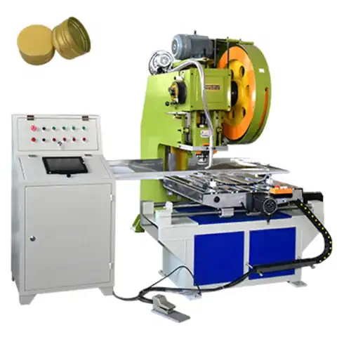 عکس در بطری فلزی در گوشه بالا سمت چپ تصویر همراه با دستگاه نیمه اتوماتیک تولید درب بطری فلزی