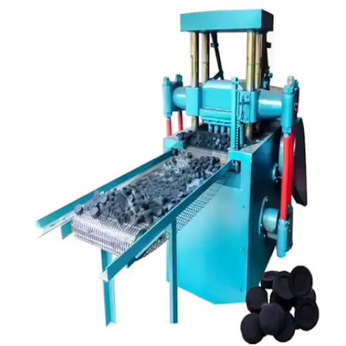 عکس زغال فشرده در کنار دستگاه پرس زغال فشرده مکعبی