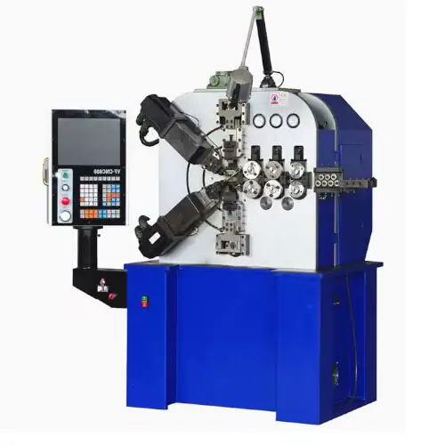 عکس دستگاه فنرساز آبی رنگ به همراه انواع فنر در سایز و قطرهای متفاوت