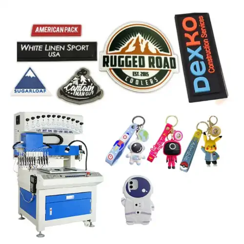 عکس انواع لیبل و جاکلیدی در کنار دستگاه تولید لیبل سلیکون پی وی سی 12 رنگ