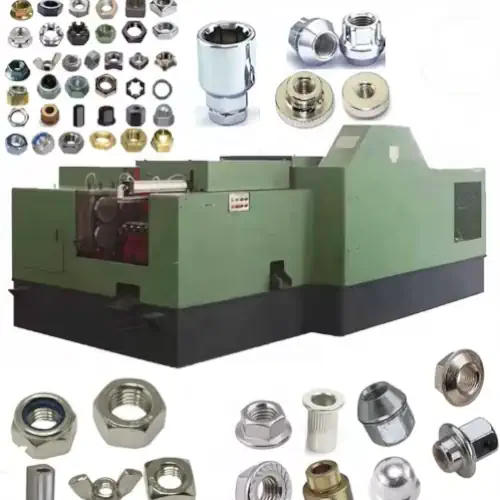 عکس دستگاه تولید مهره به همراه انواع مهره های تولید شده در اطراف دستگاه