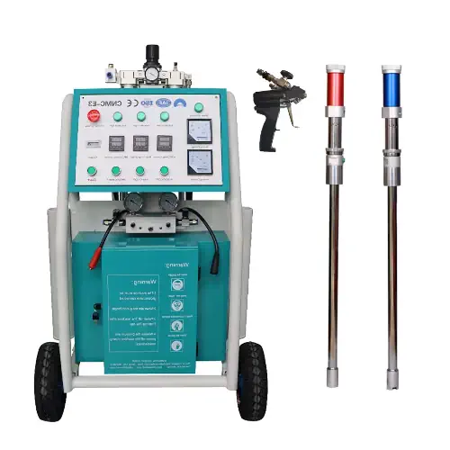 عکس دستگاه پاشش فوم پلی یورتان به همراه شلنگ آبی و قرمز و دسته شلنگ