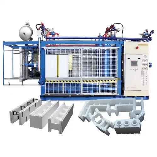 عکس دستگاه پرس آجر و بلوک فوم در کنار آجر و بلوک فوم سفید