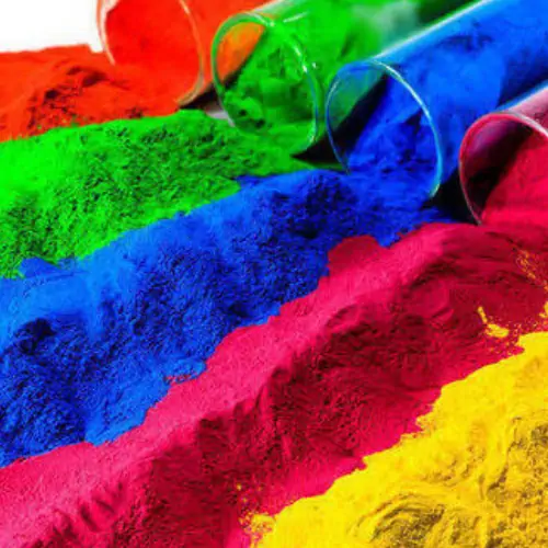 عکس پیگمت آلی در رنگ سبز و قرمز و آبی و زرد به همراه شیشه