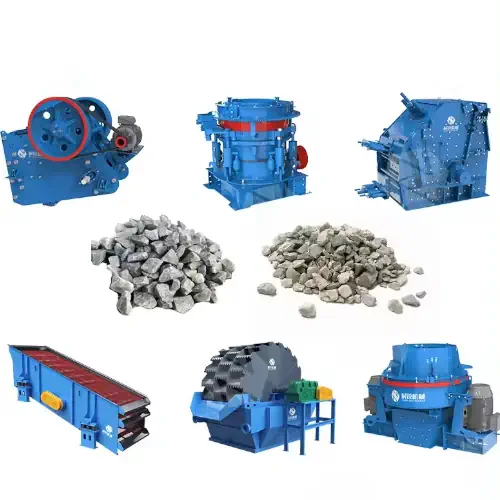 عکس دستگاههای مختلف سنگ شکن شن و ماسه  به همراه دو نوع سنگ در وسط محصول